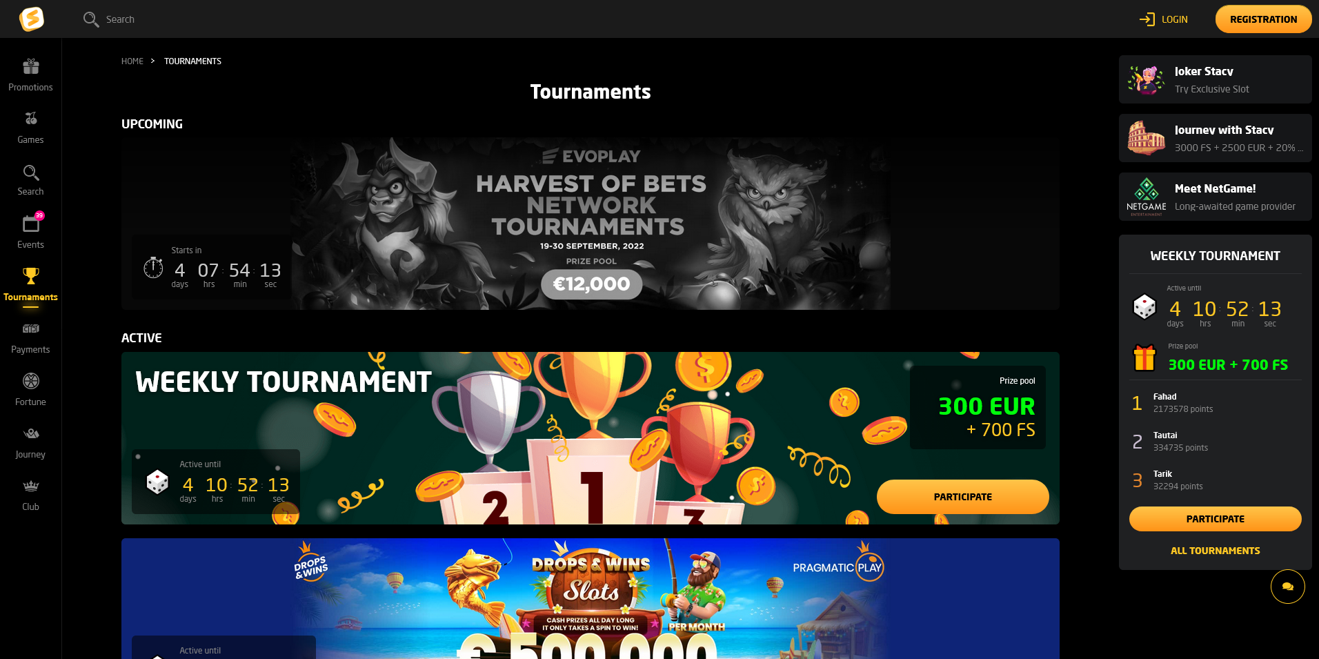 Screenshot of the Stay Casino tournaments page
