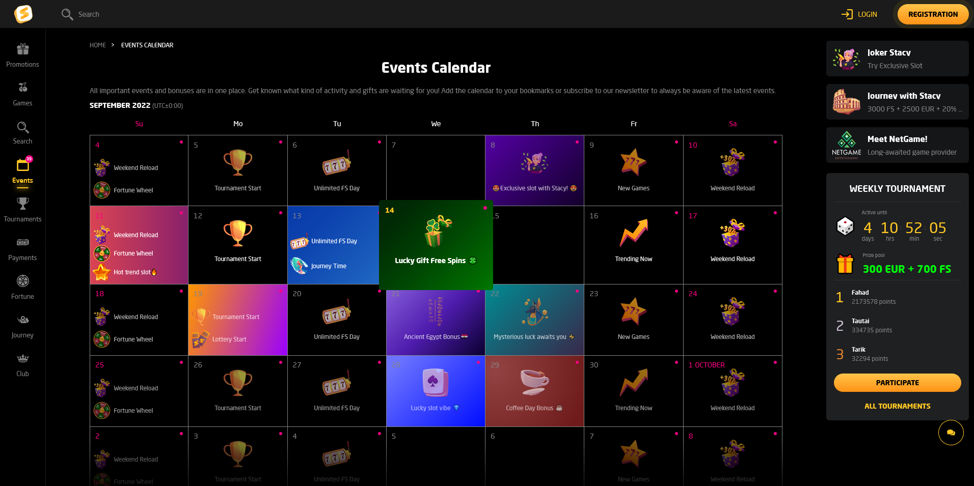 Screenshot of the Stay Casino Events Calendar page