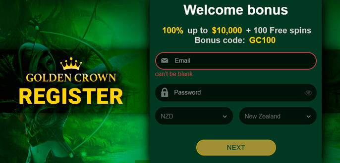 Registration on the website of Golden Crown casino with personal data