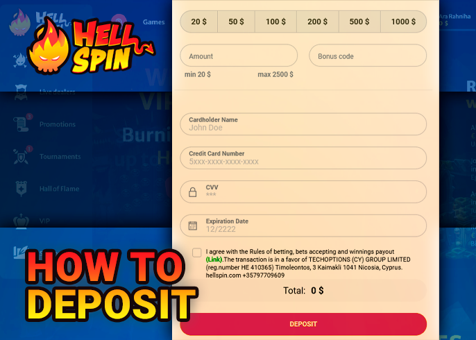 Deposit to your Hell Spin casino account in NZD currency