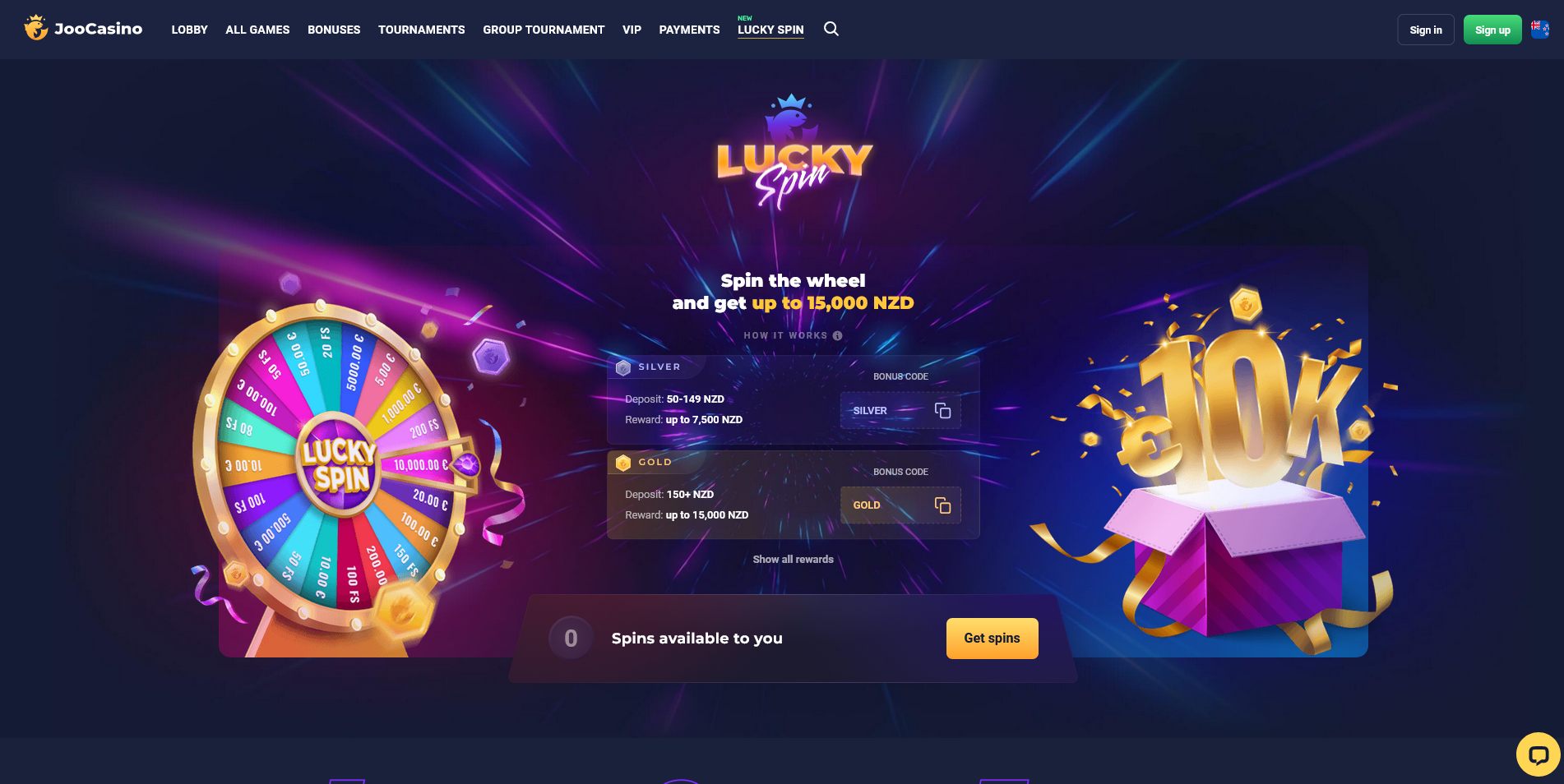 Screenshot of the Joo Casino lucky spin page