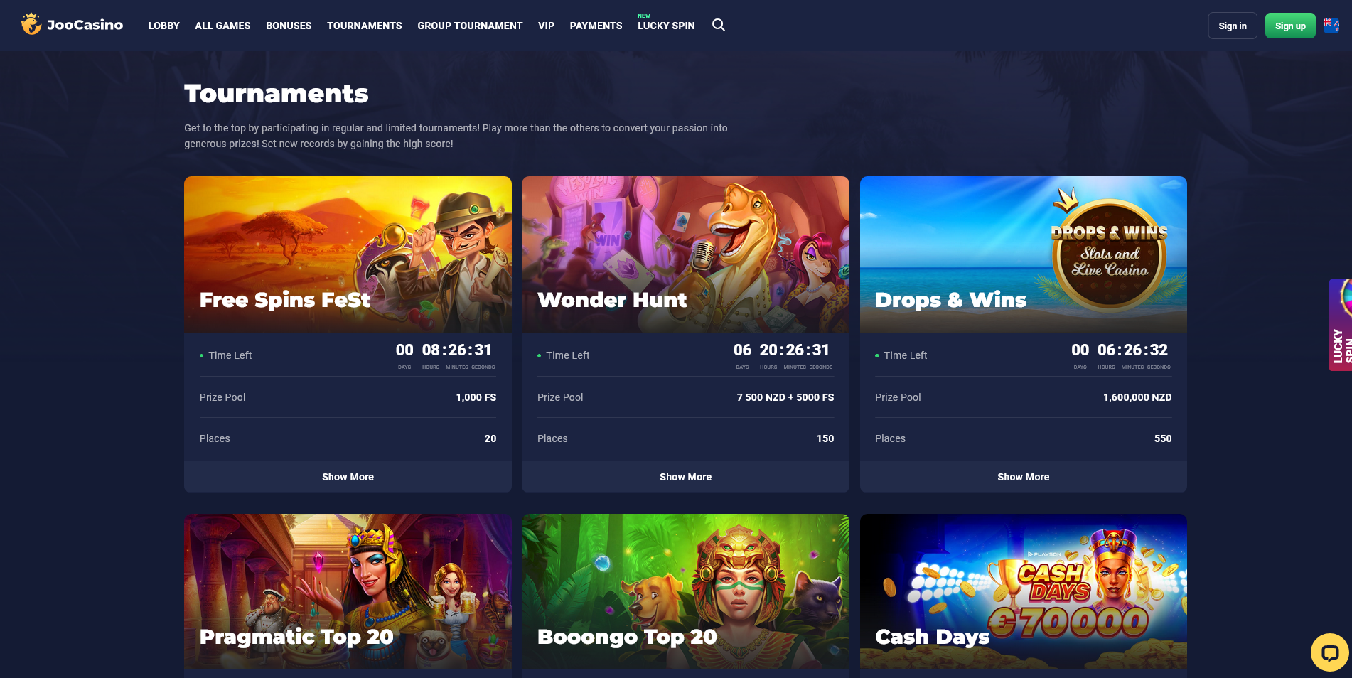 Screenshot of the Joo Casino tournaments page