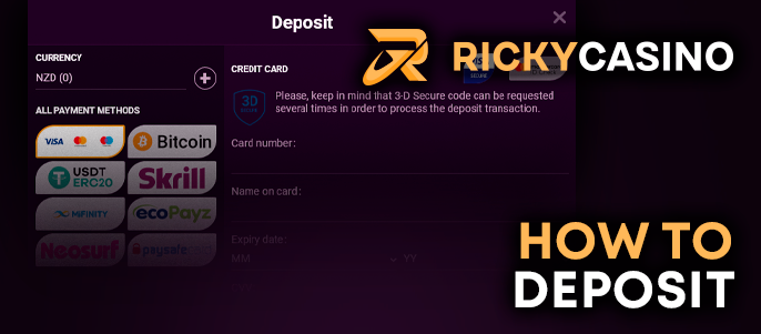 Deposit to Ricky Casino in NZD currency
