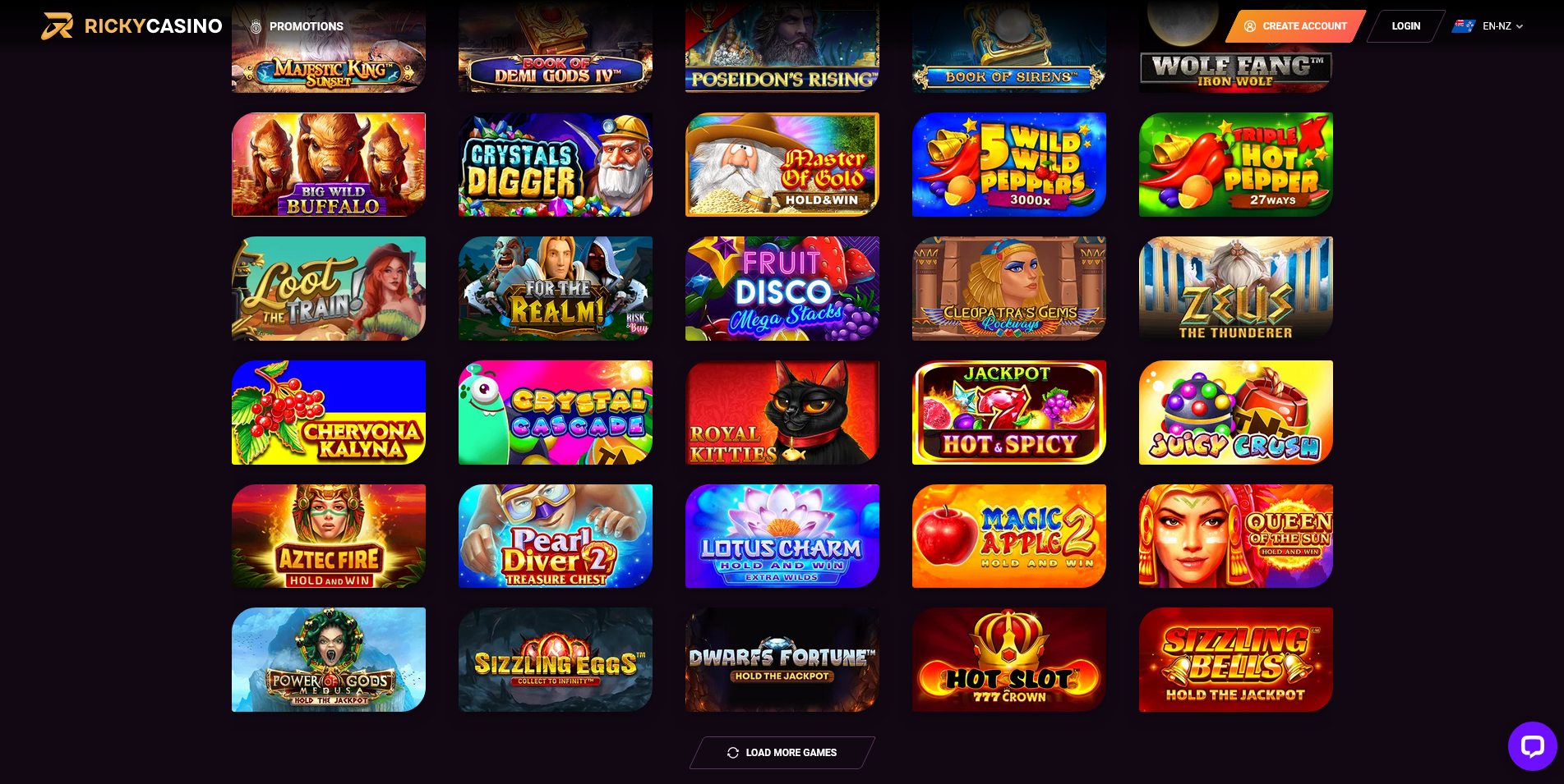 Screenshot of the Ricky Casino Game section