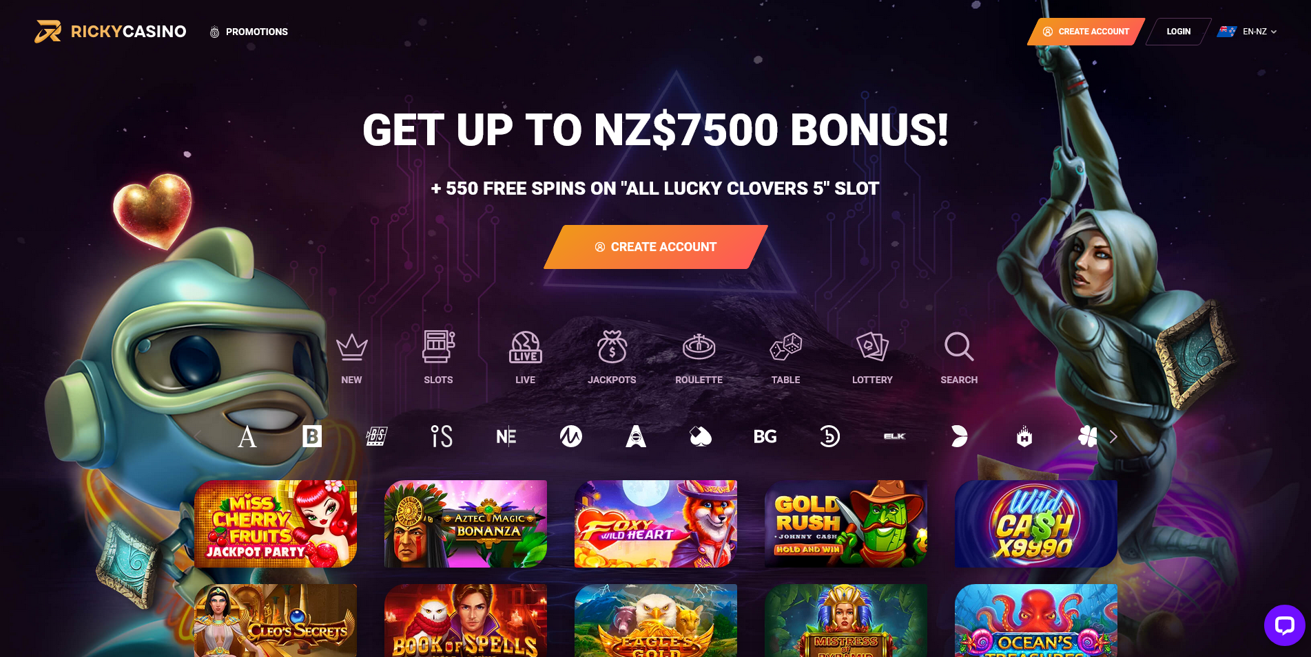 Screenshot of the Ricky Casino home page