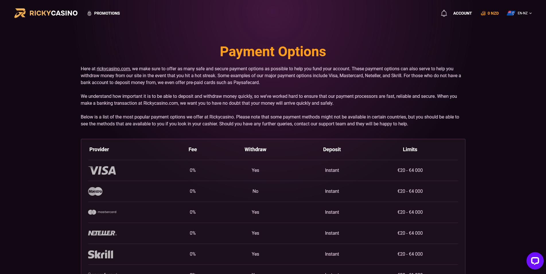 Screenshot of the Ricky Casino payments page