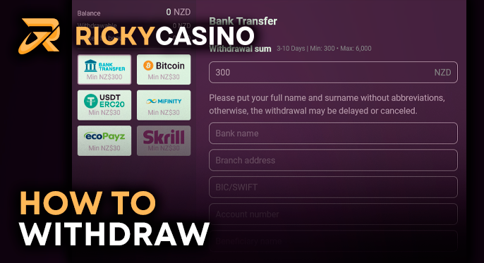 Withdrawing money from Ricky Casino - withdrawal instructions for Kiwis players