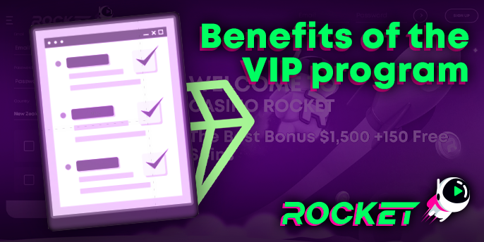 Advantages of the VIP program at Casino Rocket - a list of benefits for the player