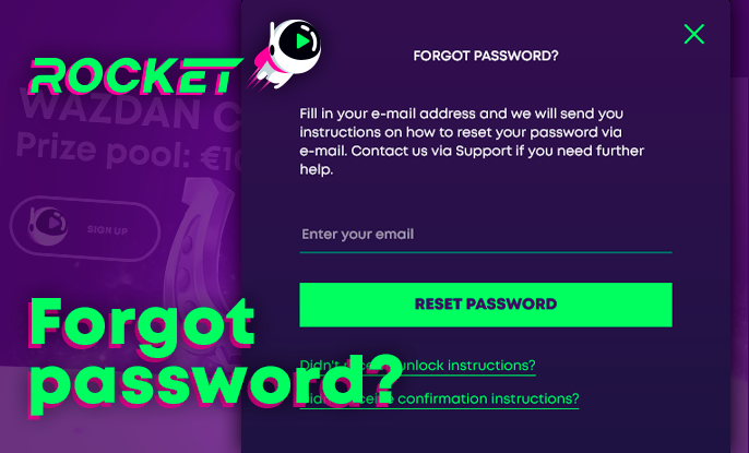 Form to regain access to your account at Casino Rocket via email