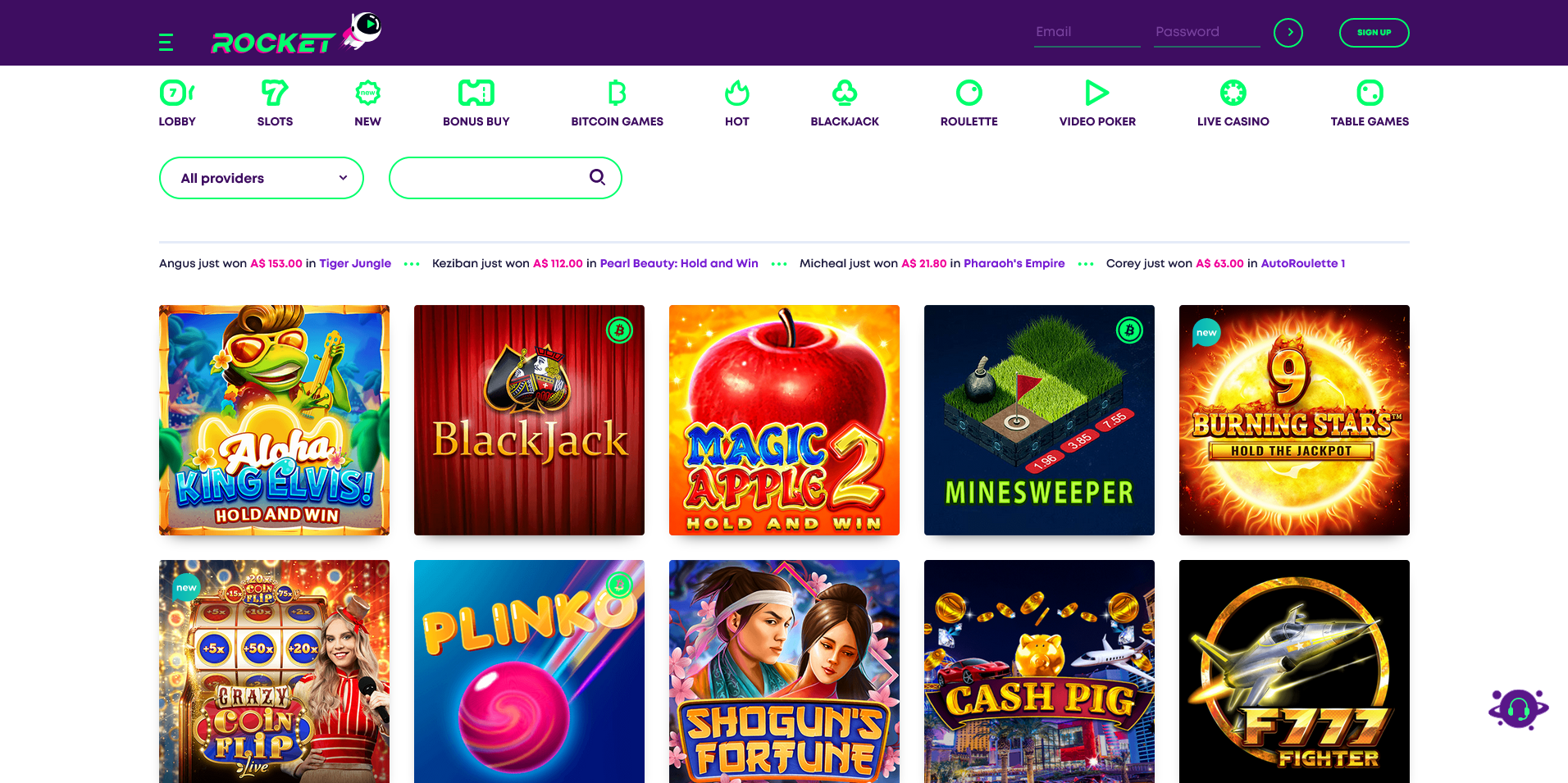 Screenshot of the Casino Rocket game section
