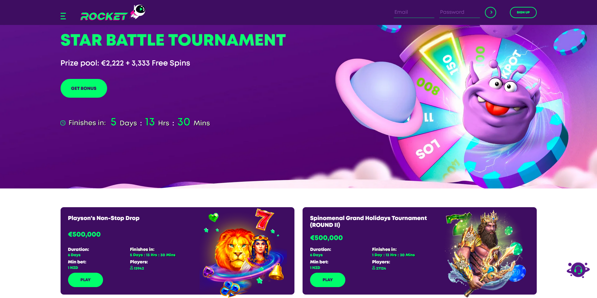 Screenshot of the Casino Rocket tournaments page