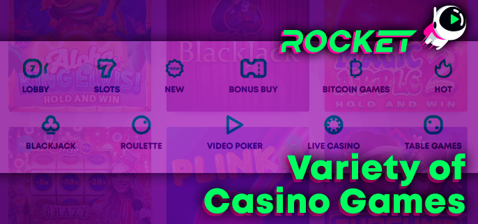 Categories of casino games on the Rocket Casino website