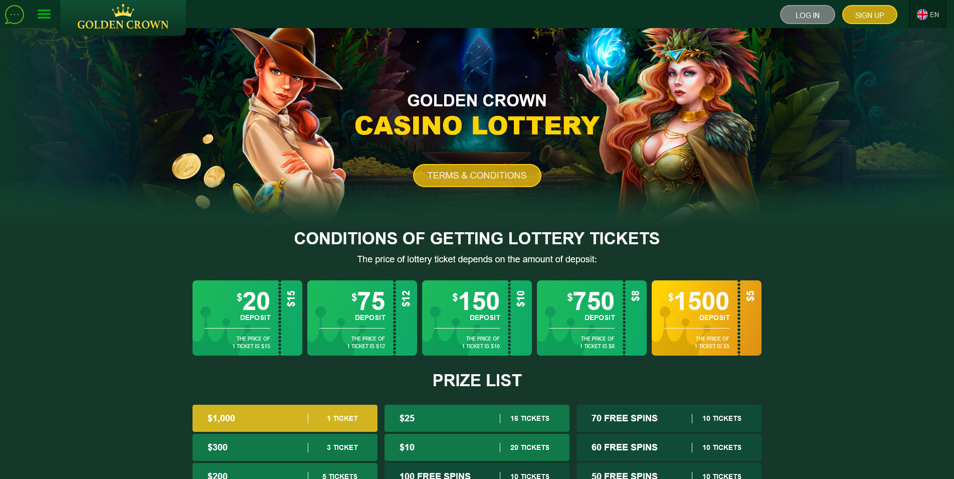 Screenshot of the Golden Crown Casino lottery page