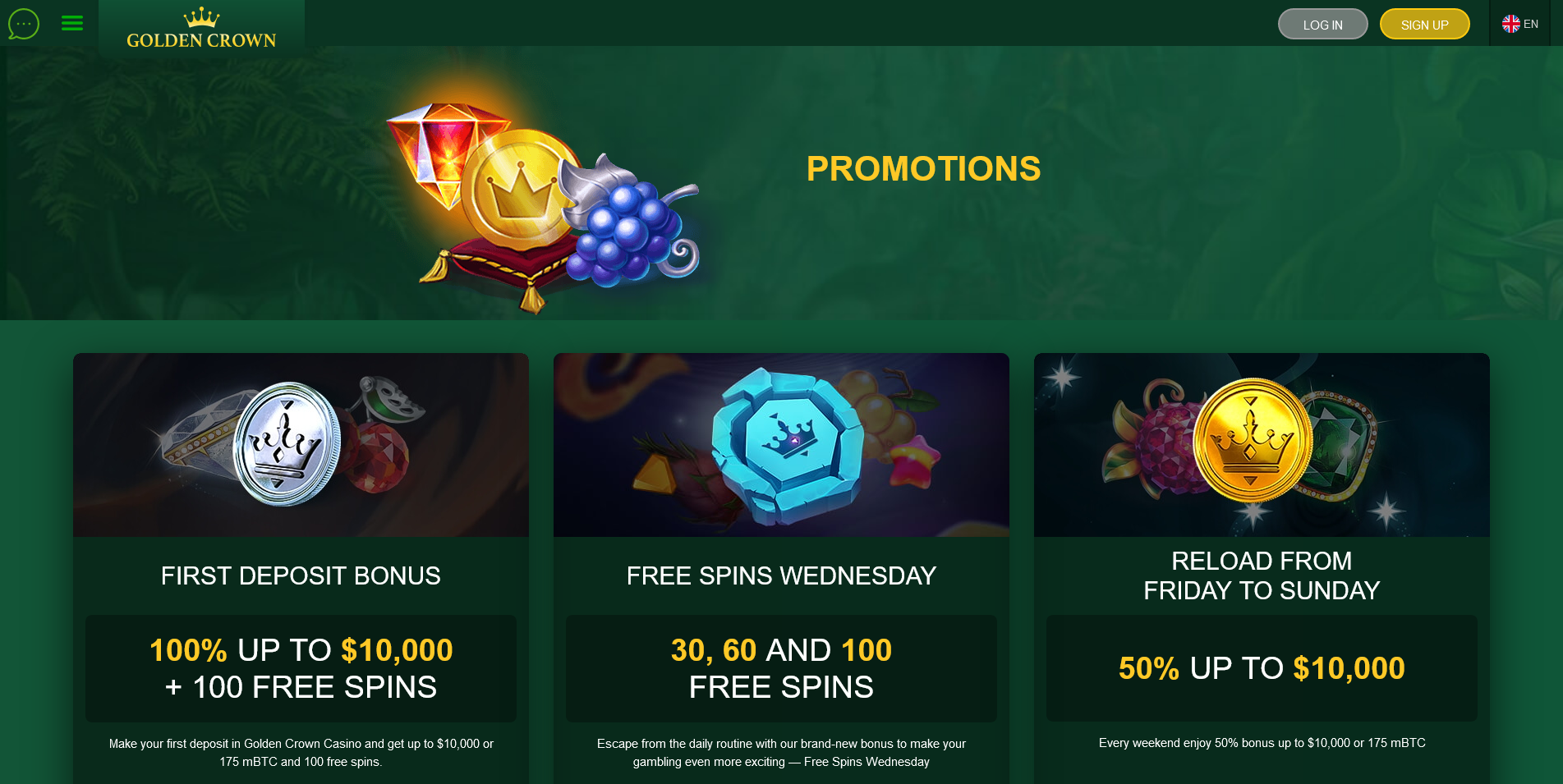 Screenshot of the Golden Crown Casino promotions page