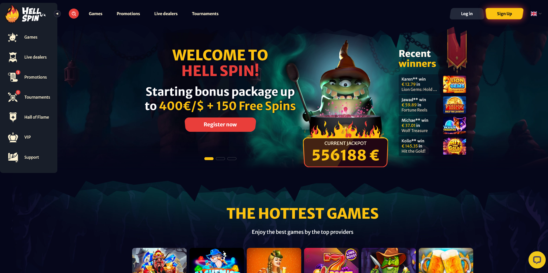 Screenshot of the Hell Spin Casino home page