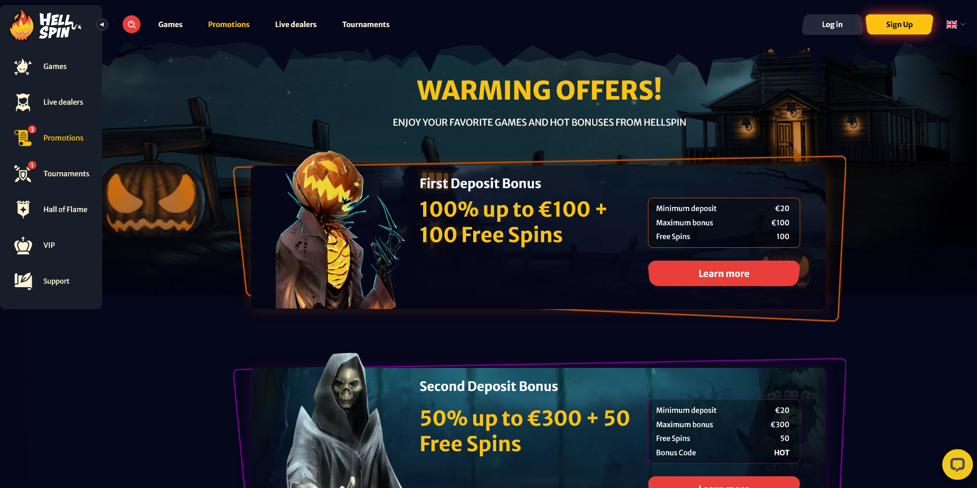 Screenshot of the Hell Spin Casino promotions page