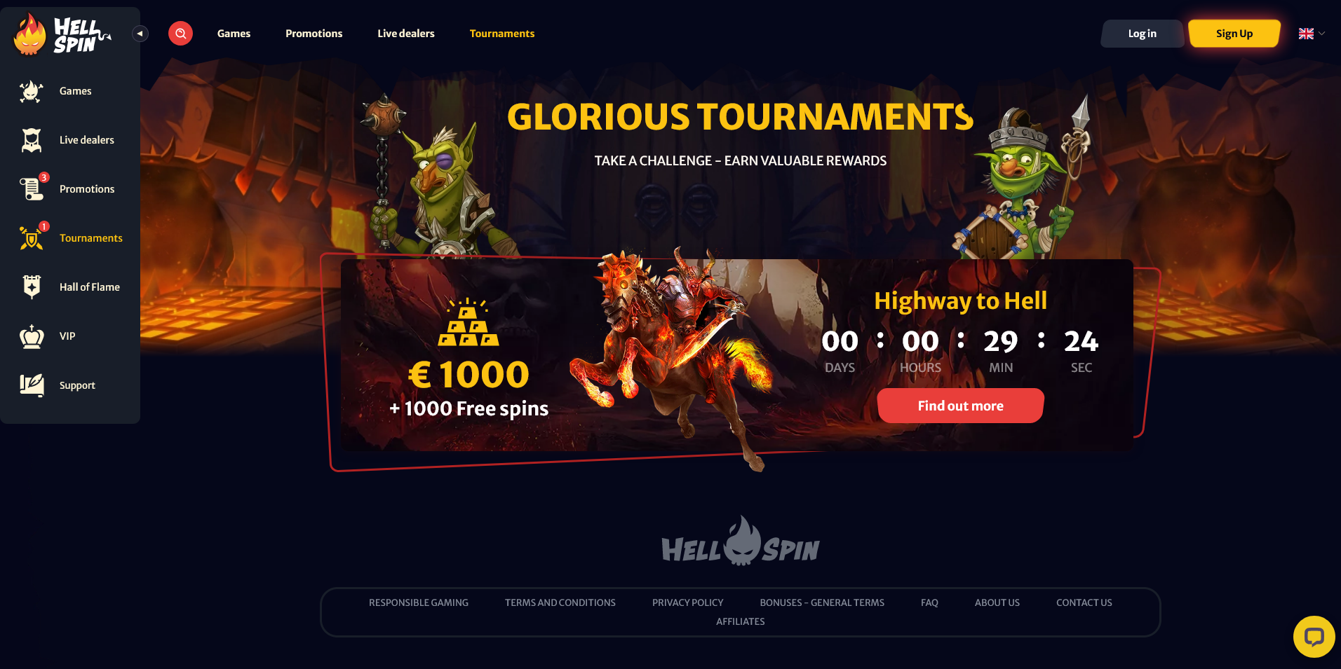 Screenshot of the Hell Spin Casino tournaments page