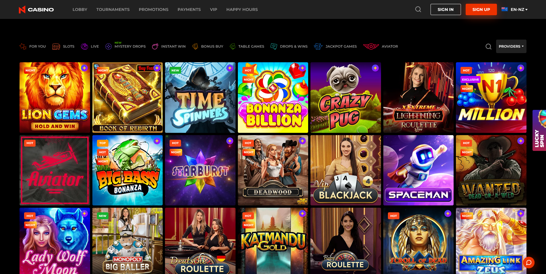 Screenshot of the N1 Casino game section