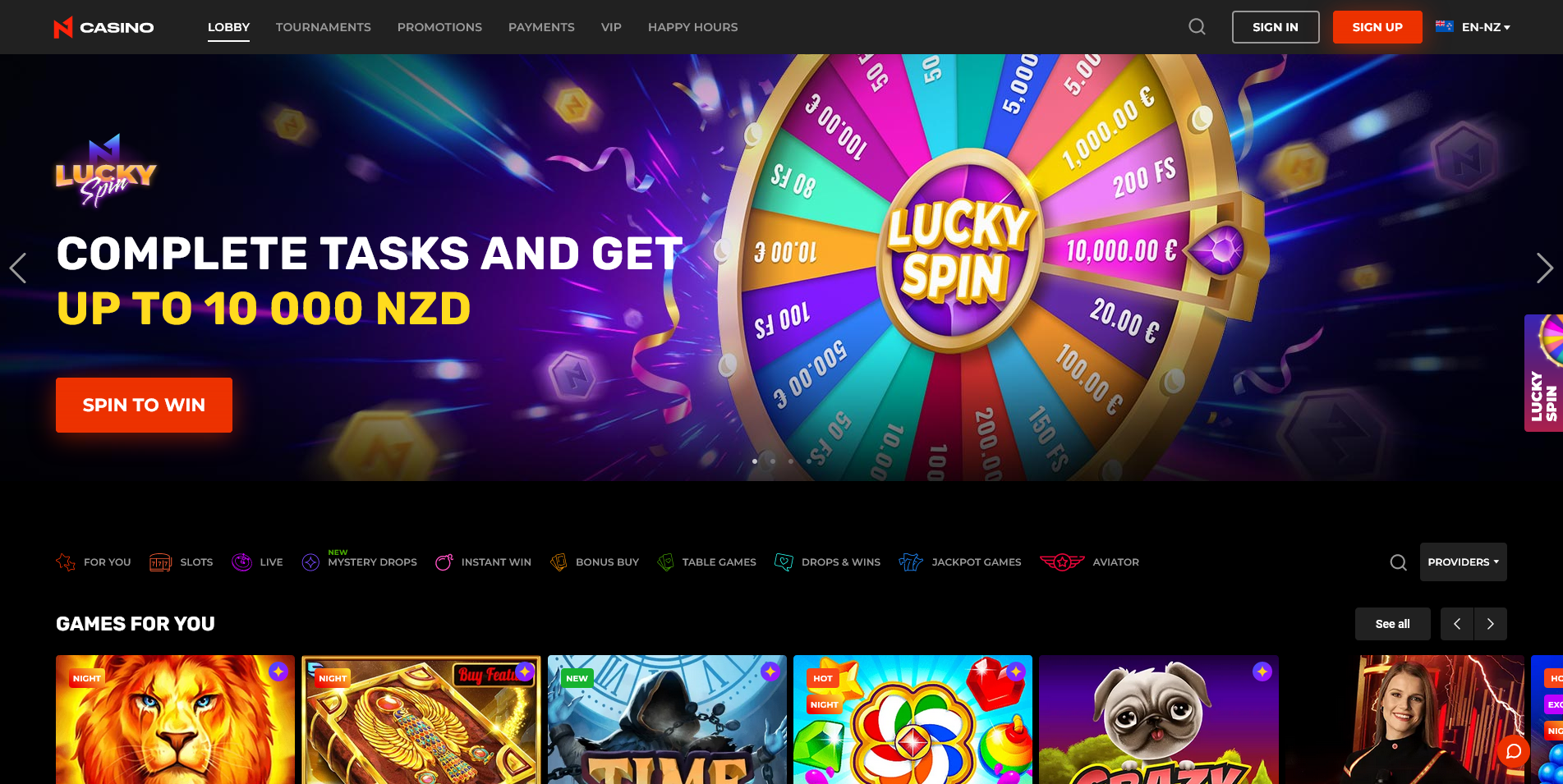 Screenshot of the N1 Casino home page