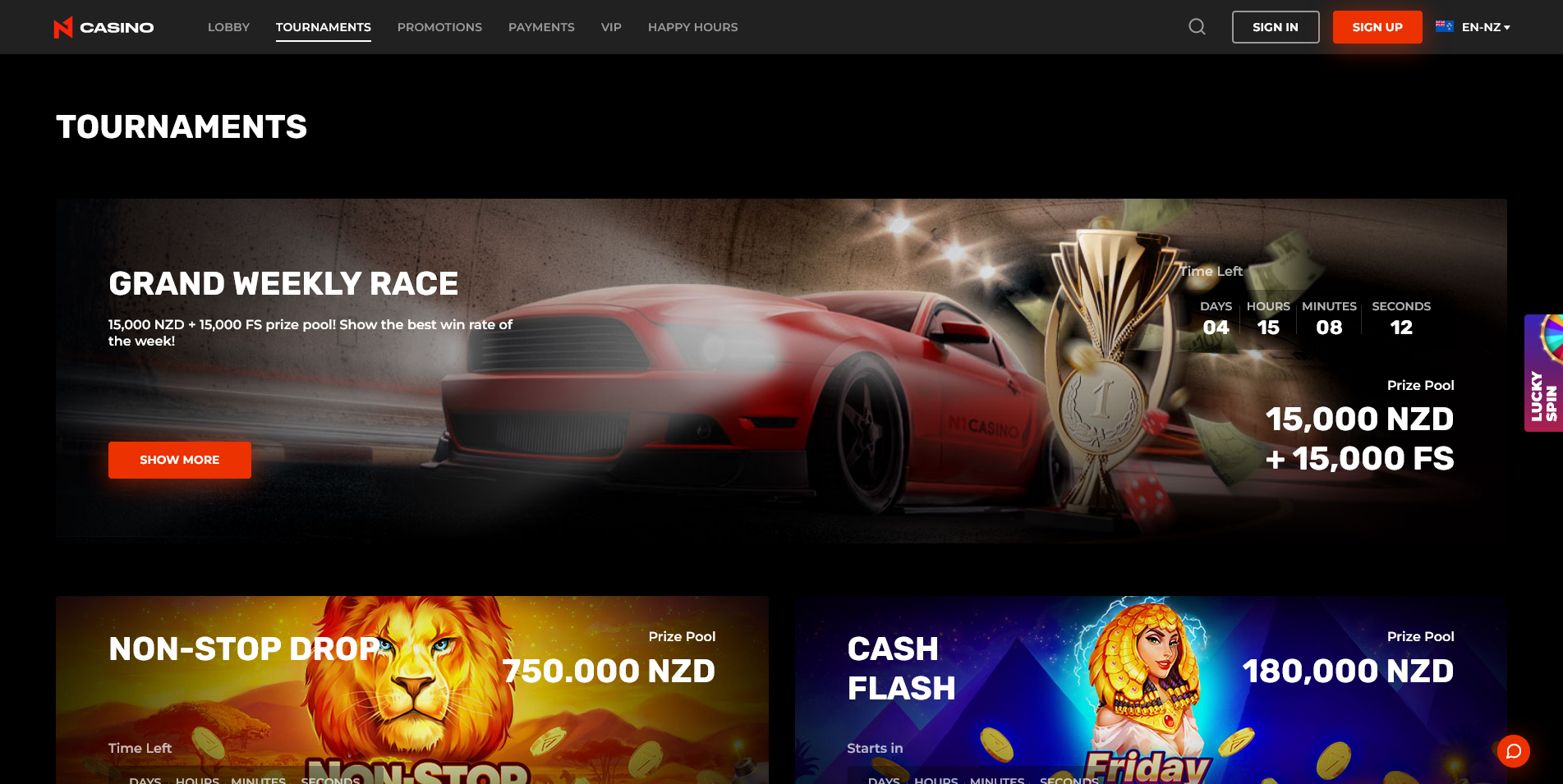 Screenshot of the N1 Casino tournaments page
