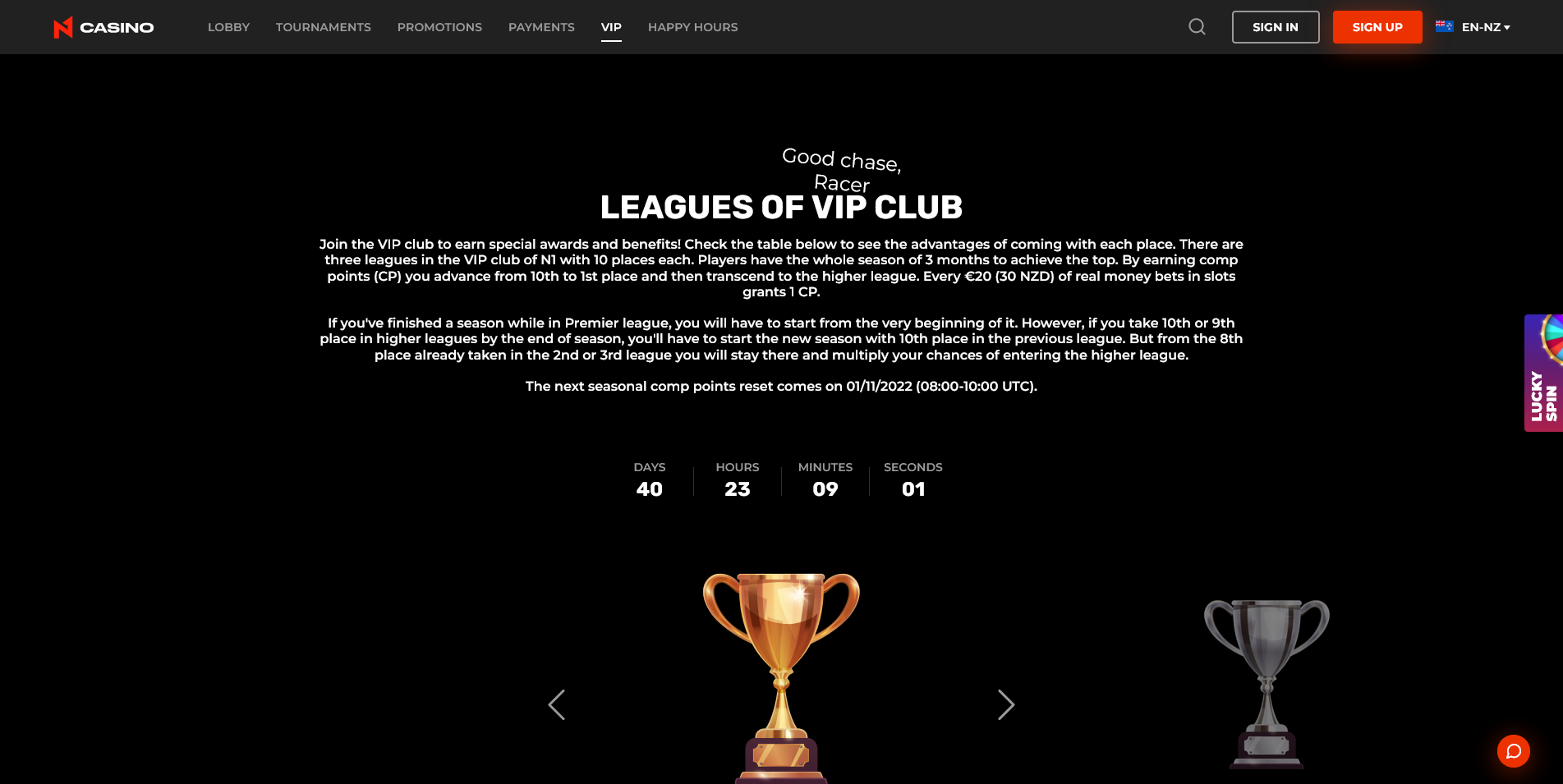Screenshot of the N1 Casino vip info page