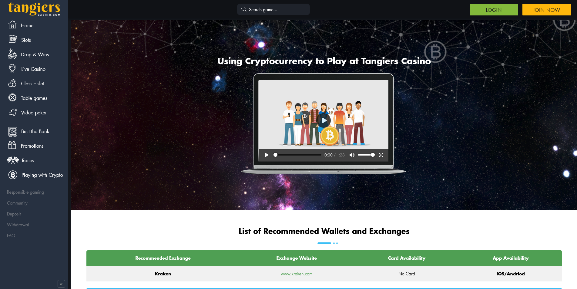 Screenshot of the Tangiers Casino Crypto info page
