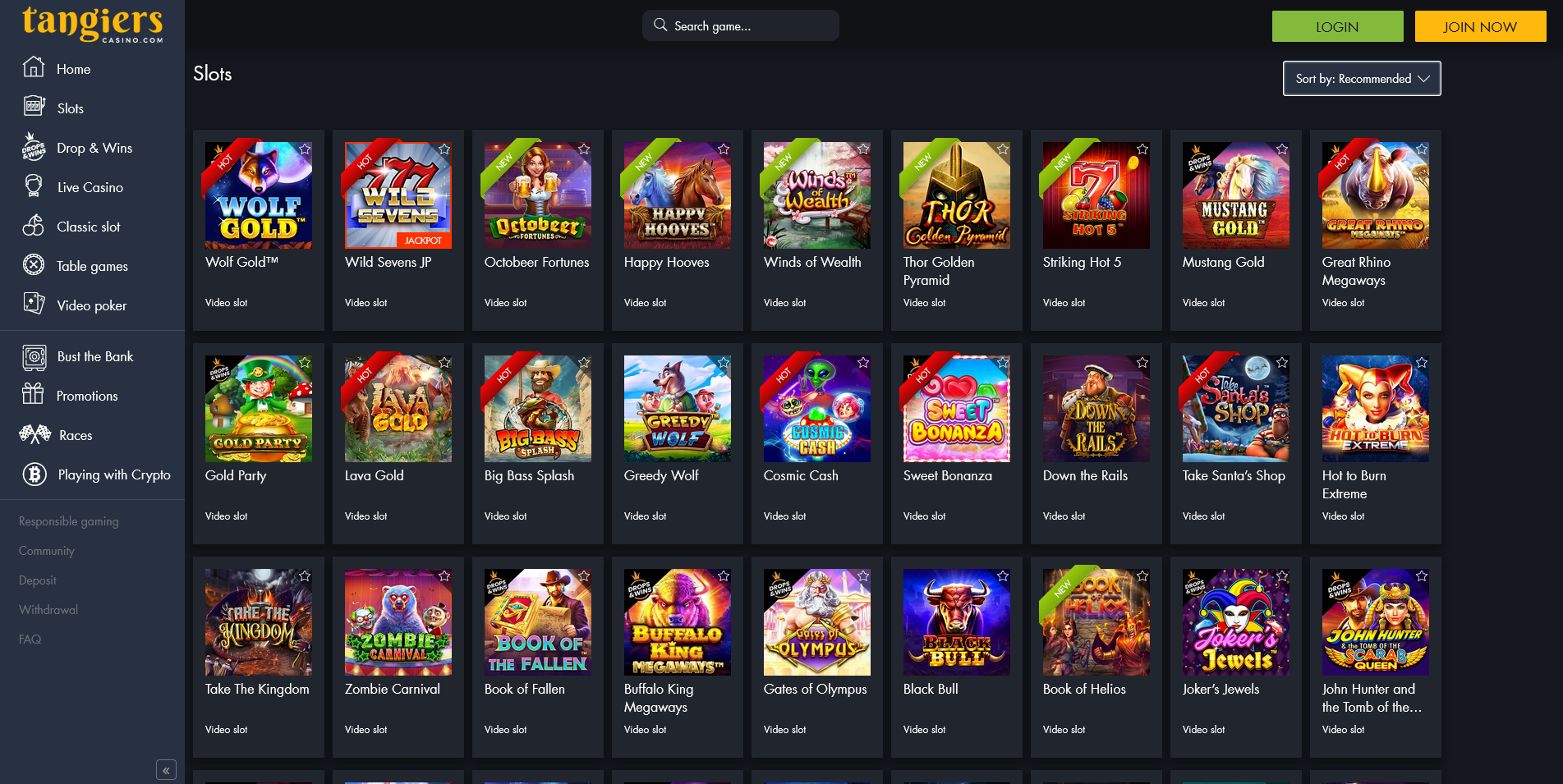 Screenshot of the Tangiers Casino Game section