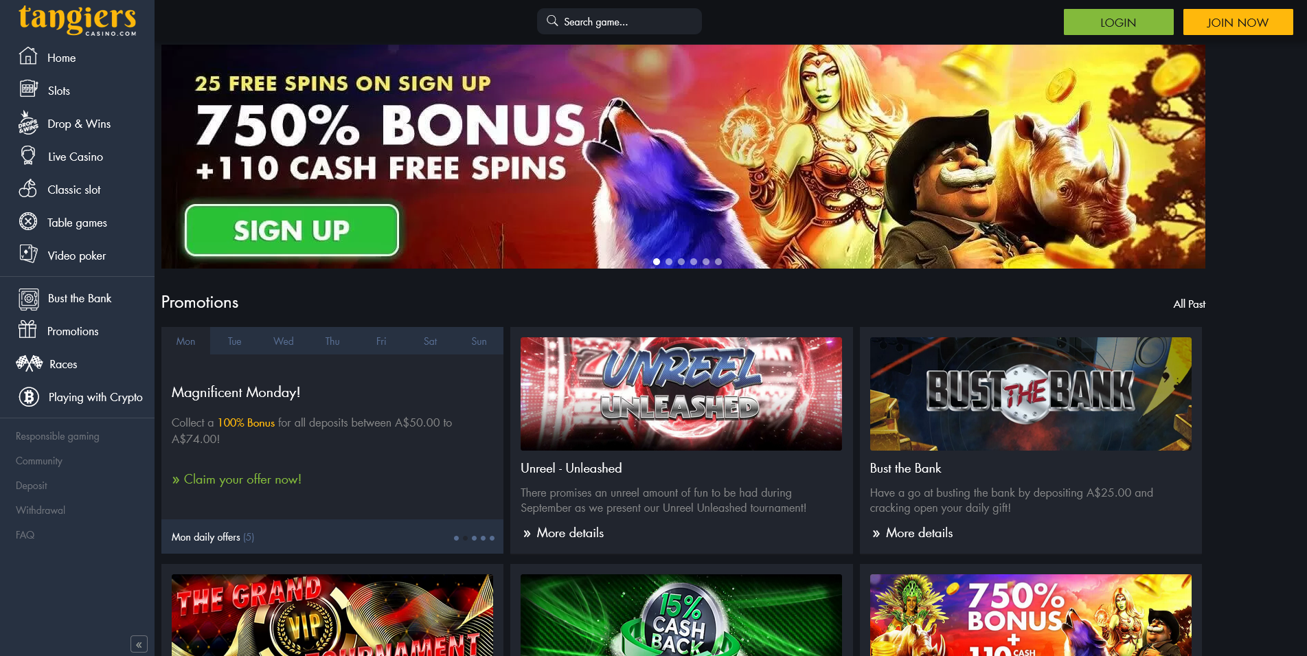 Screenshot of the Tangiers Casino promotions page