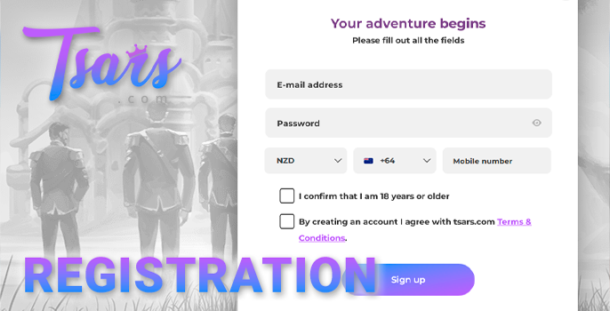 Tsars Casino registration form - how to sign up